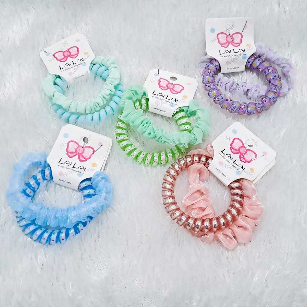 ~ PIYOSHI08 ~ Ikat Rambut Anak Perempuan Spiral Kombinasi Set Isi 2pcs Karet Ulir Glossy Tile Lucu K