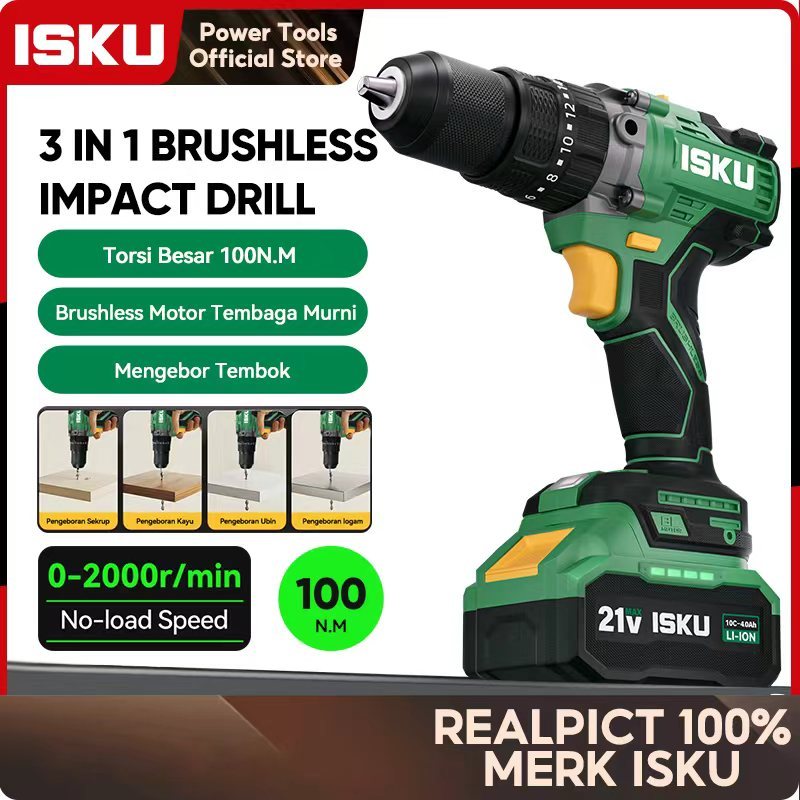 ISKU 21V Brushless Lithium Mesin Bor Impact Drill 100N.M Torsi Besar Tangan 3IN1Bor Listrik Cordless