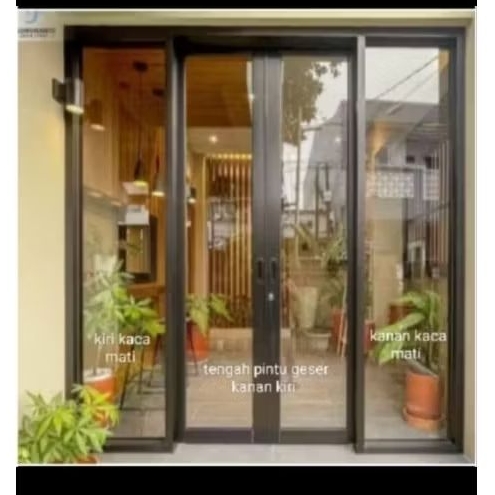 Kusen pintu alumunium geser/sliding  + dua pintu + kusen jendela mati kanan kiri ukuran T220×L220 gr