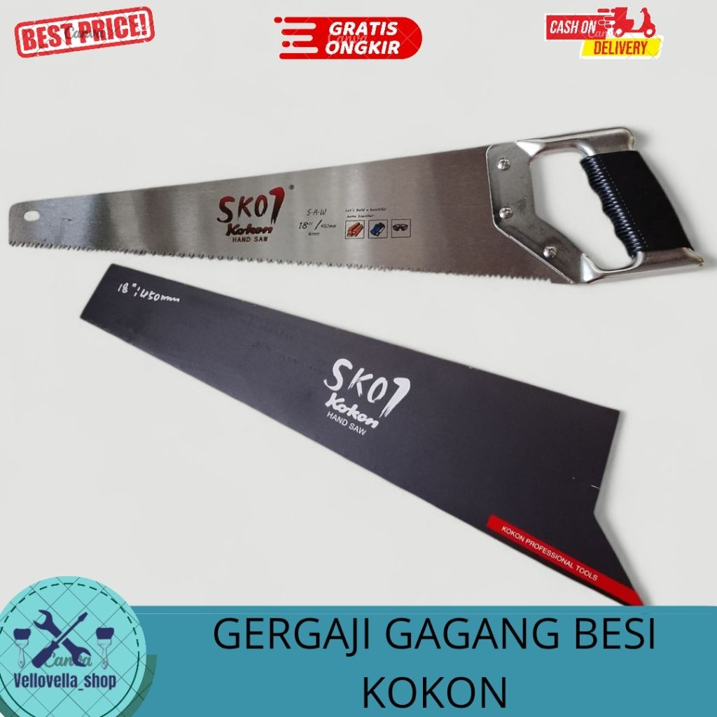 Gergaji kayu KOKON Stainless SK07 gagang besi lapis karet 18" 450mm / Gergaji tangan KOKON Stainless