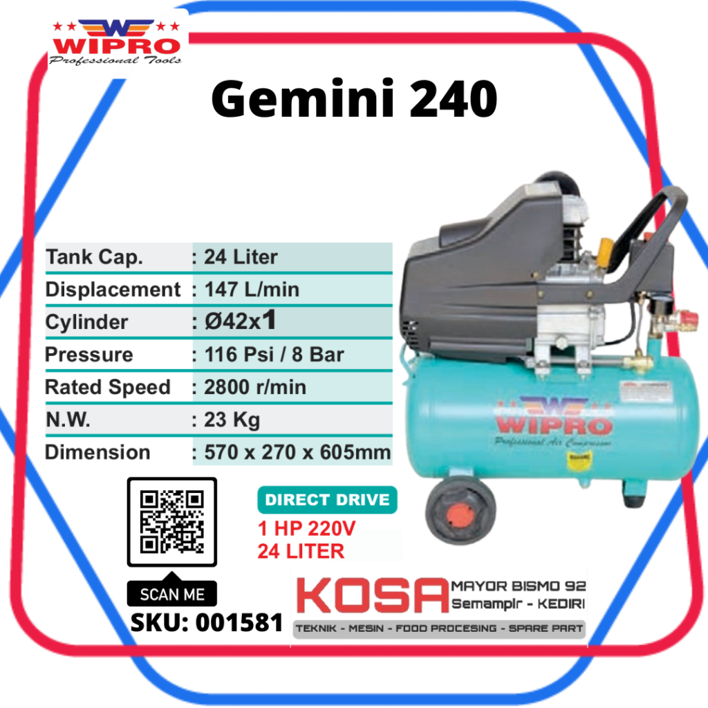 WIPRO GEMINI 240 Kompresor Angin 24L Wipro Gemini 240 Kompresor Cat 24L 1Hp WIPRO GEMINI 240