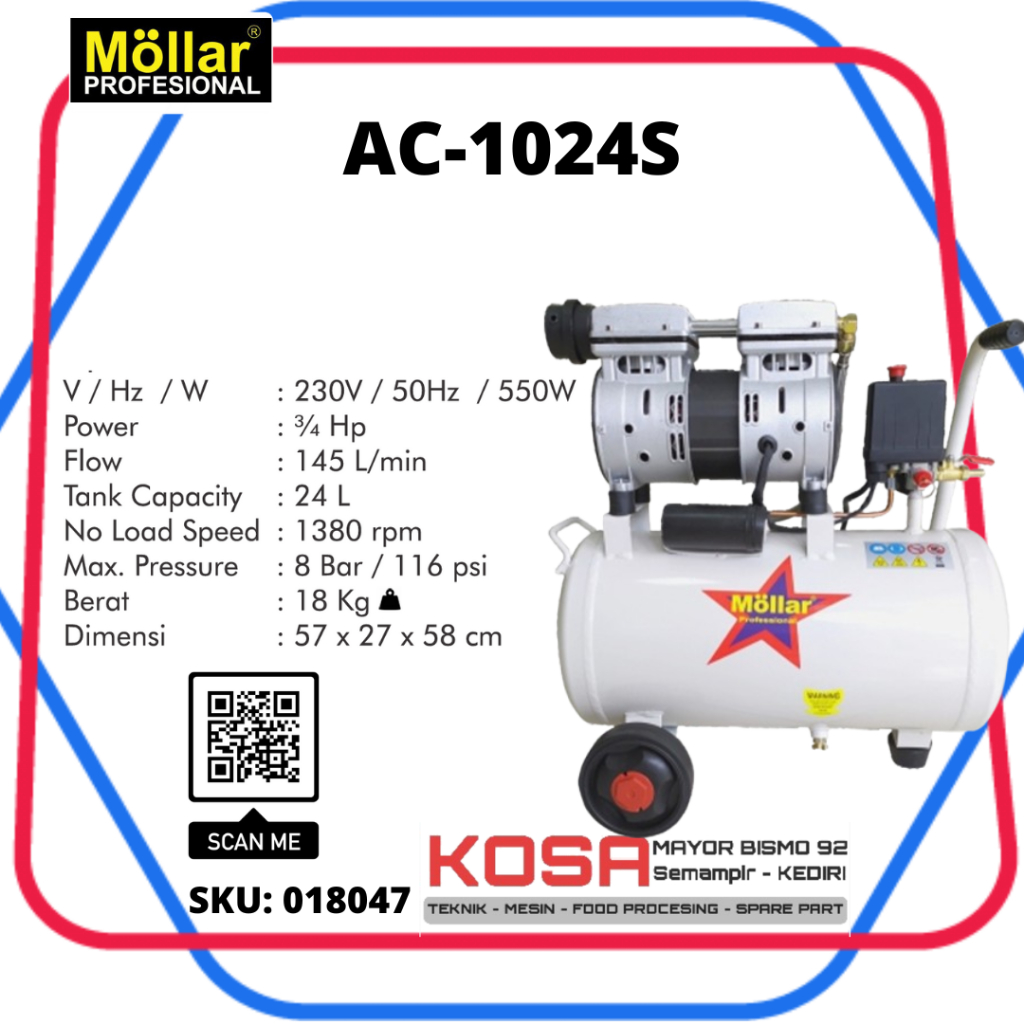 MOLLAR AC 1024 Kompresor Oilless 24L 3/4Hp Mollar Kompresor Silent 24L Mollar Kompresor tanpa Oli 0.