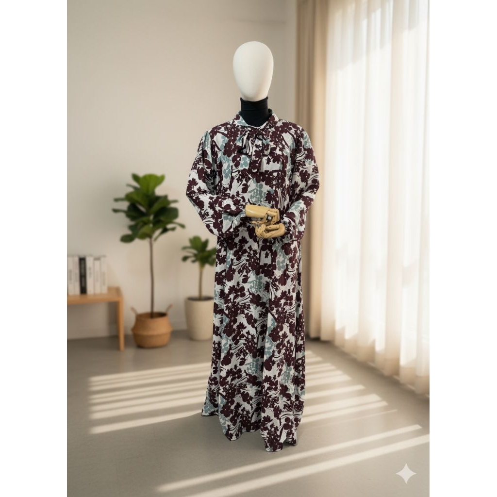 Gamis Rayon Viscose Motif dan Nyaman  Muslimah, Busui Friendly Tali Leher Tangan Balon