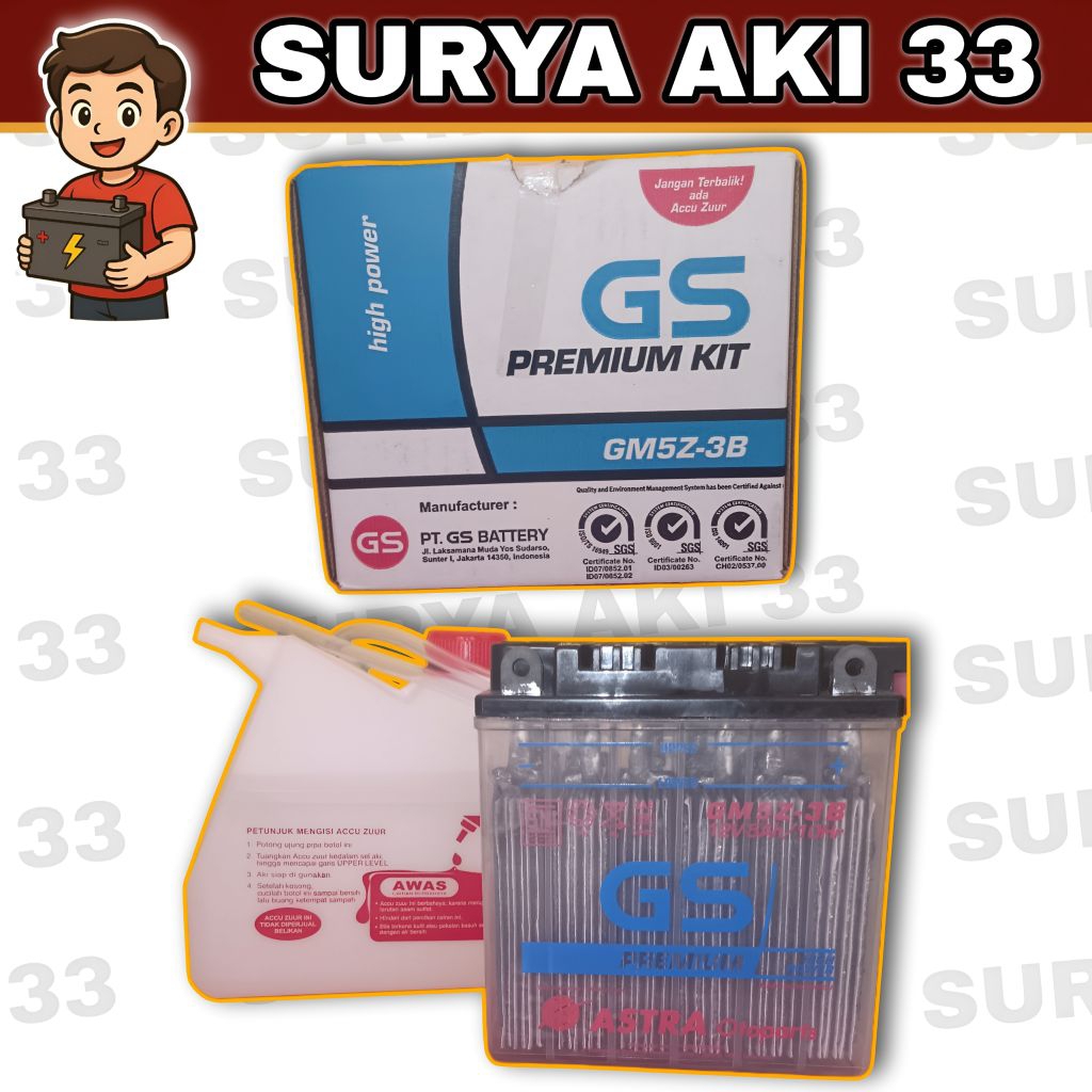 Aki Motor GS GM5Z-3B 12V 5Ah Basah Original | Paket Premium Kit