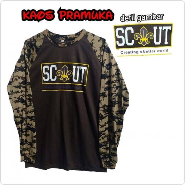 Kaos Pramuka Lengan Panjang SCOUT Loreng Coklat – Baju Pramuka Keren Dewasa | Kaos Regu Pramuka Outd