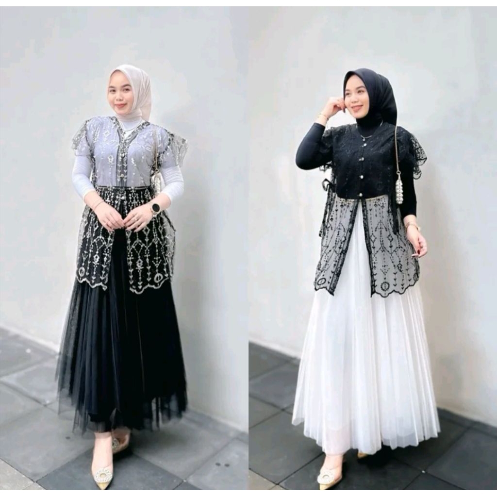 Tunik Kebaya Brokat Kinanti Modern Lebaran Kondangan Wisuda  - Panjang, wanita, cantik, atasan, ruff