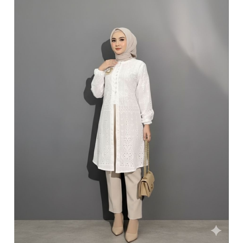 Tunik Katun Cotton Bolong Wanita Bordir Premium Jumbo Hitam Putih Tunic Kondangan Elegan