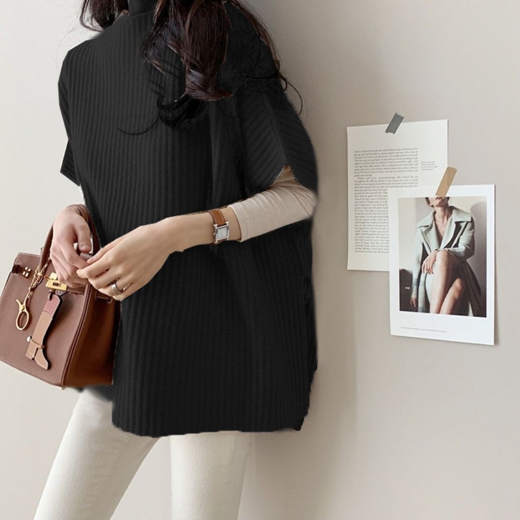 Atasan Longgar Rompi Rajut Tebal Premium Vest Wanita Loose Oversize Leher Tinggi Turtleneck Import