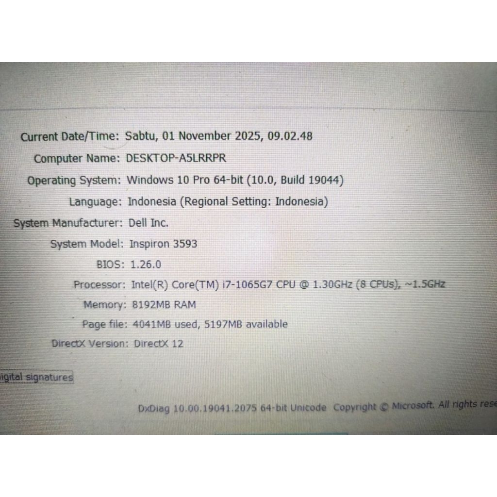 Laptop Dell inspiron 3593 core i7-1065G7 gen 10  Ram 8GB ssd 512GB layar full hd muluss kinclong lay