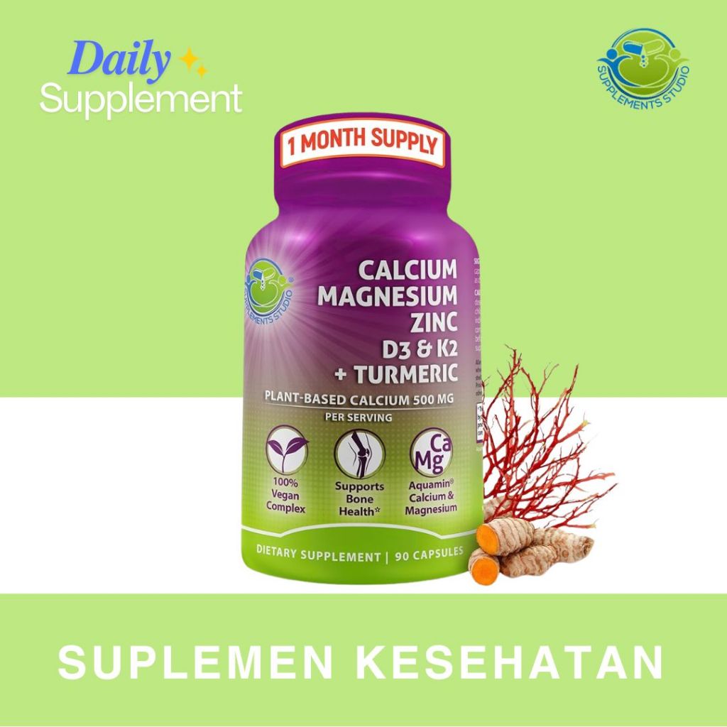 Supplements Studio Calcium Magnesium Zinc D3 & K2 + Turmeric - 90 Capsules, Non-GMO