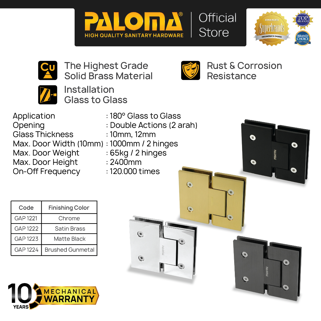 PALOMA Engsel Shower Hinge Pintu Kaca Kamar Mandi Jepit Penjepit Partisi Box Kaca ke Kaca Glass to G