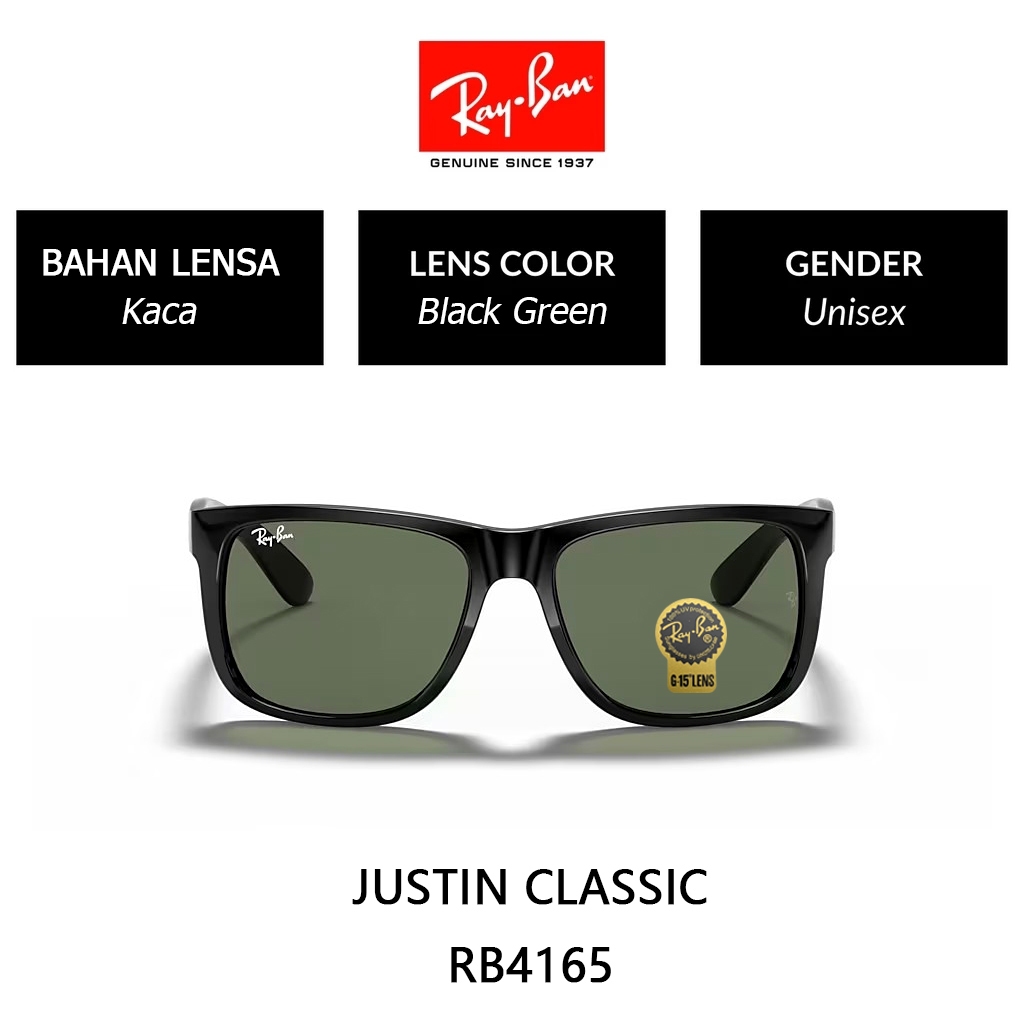 Kacamata Hitam RAY-BAN Justin | RB4165 | Full Fitting | Sunglasses | 57mm Black Green Original 100% 