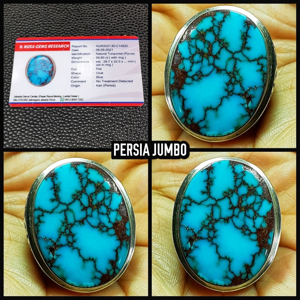 batu pirus blue persian iran ceplok kuro jumbo + ring perak.
