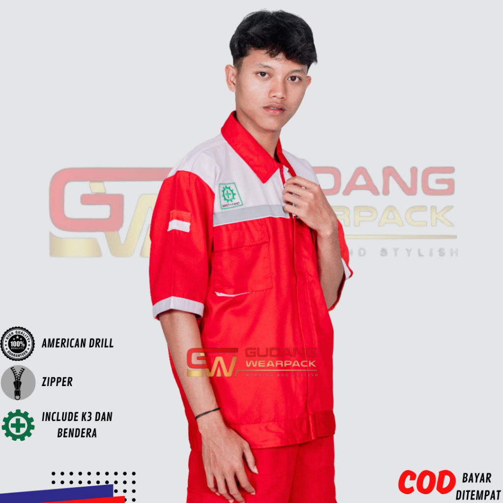 Wearpack Atasan Lengan Pendek Baju Kerja Warna Merah Kombinasi Putih