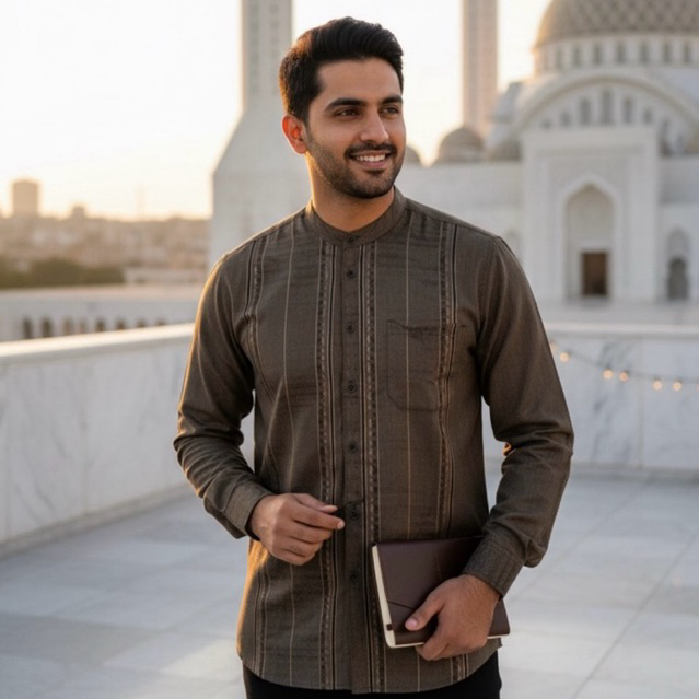 Baju Koko Songket Katun Madinah Pria Lengan Panjang Dewasa Slimfit Motif.