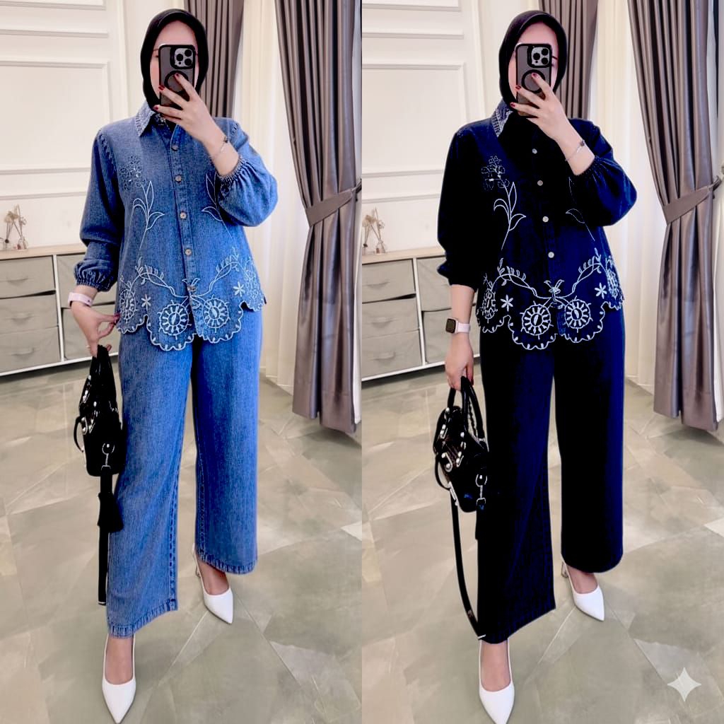 Stelan Wanita Bahan Jeans Washing Full Bordir/Set Kemeja Jeans Wanita/Set Jeans Terbaru