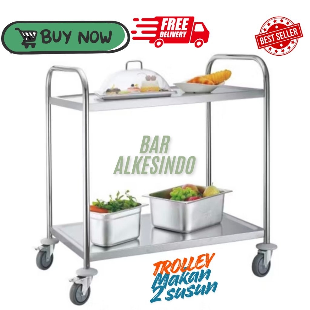Troli Service Makanan Dapur Resto Stainless | Troli Dapur MBG Restaurant 2 Rak Stainless | Troli Dap