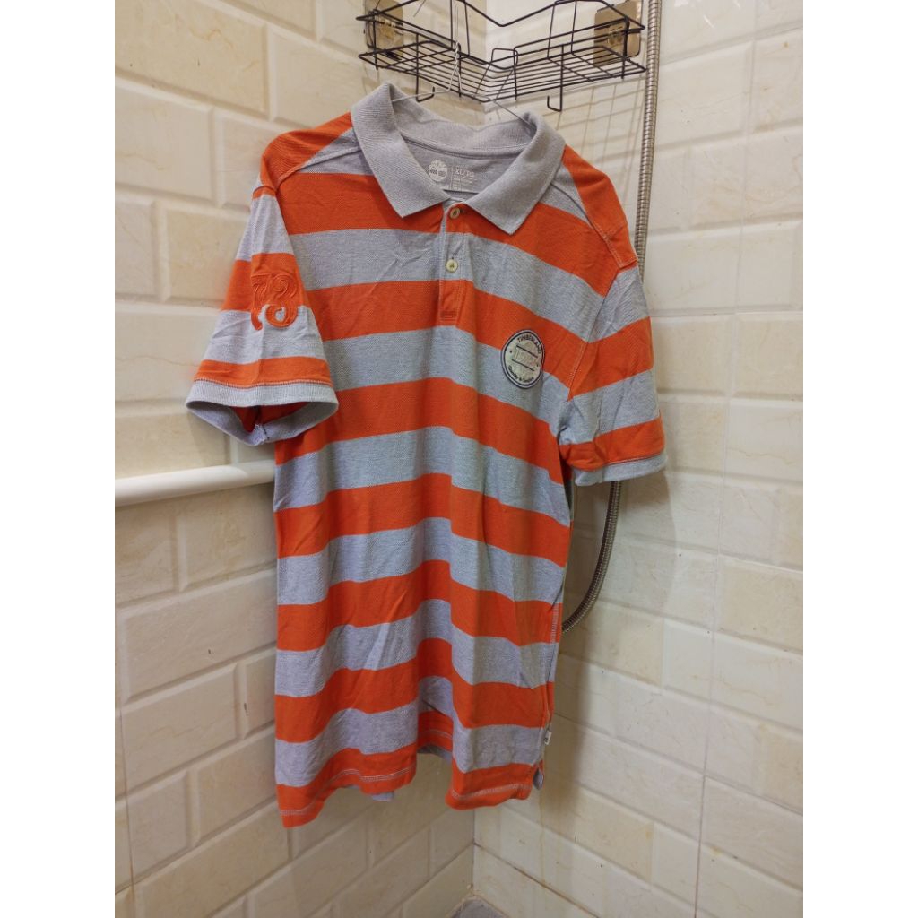 tshirt kaos kerah Timberland salur abu-abu orange like new sz tag XL