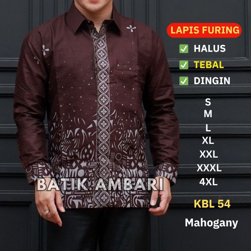 Batik Pria Lapis Furing Kemeja Lengan Panjang Standar & Jumbo Warna Mahogany Batik Ambari KBL 54