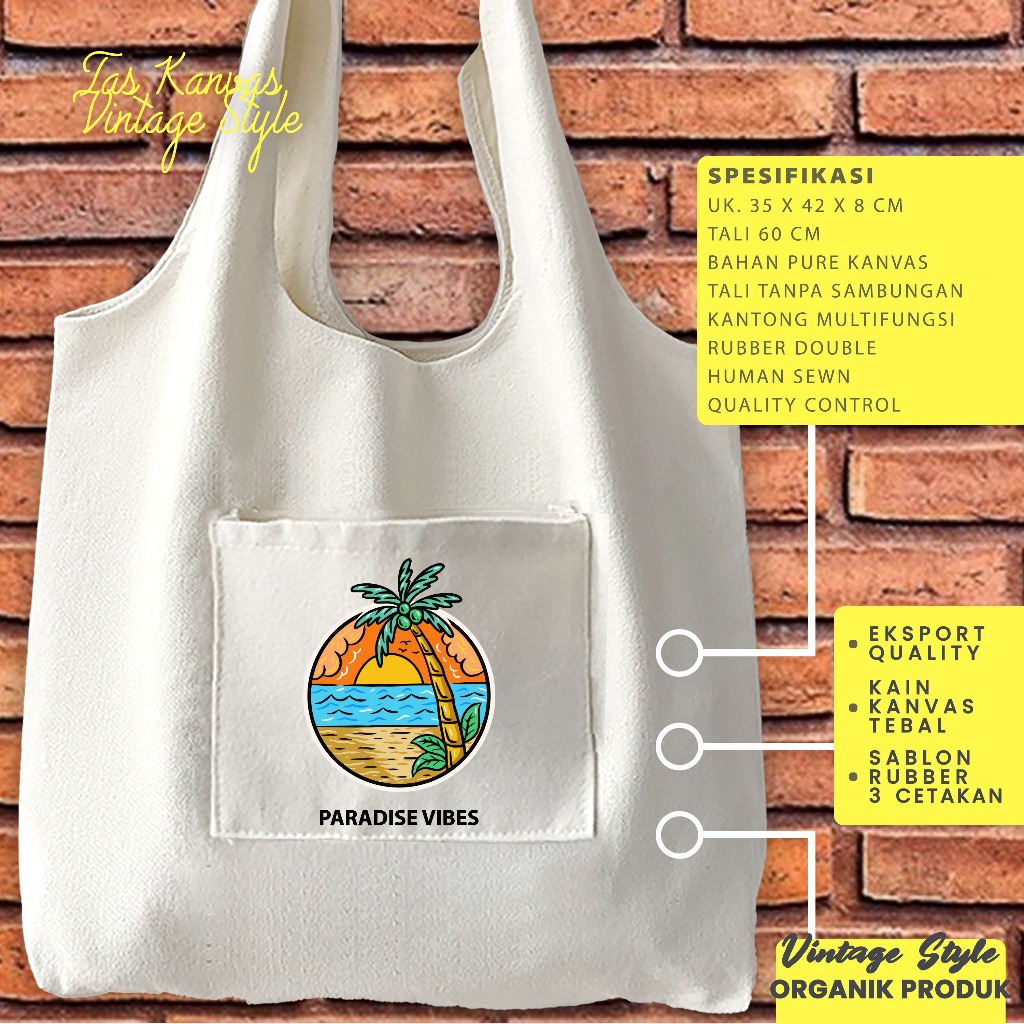 TOTE BAG KANTONG PARADISE VIBES – TAS KANVAS JUMBO / TOTE BAG KANTONG WANITA