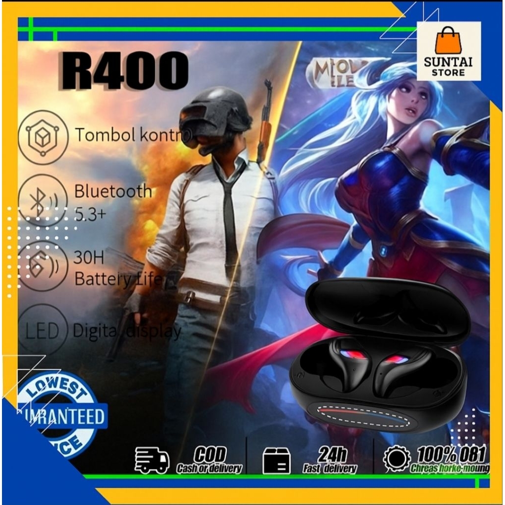 R400 Headset TWS Gaming Bluetooth 5.3 Wireless LED Long Battery HIFi Waterproof Bass Earbuds Earclip