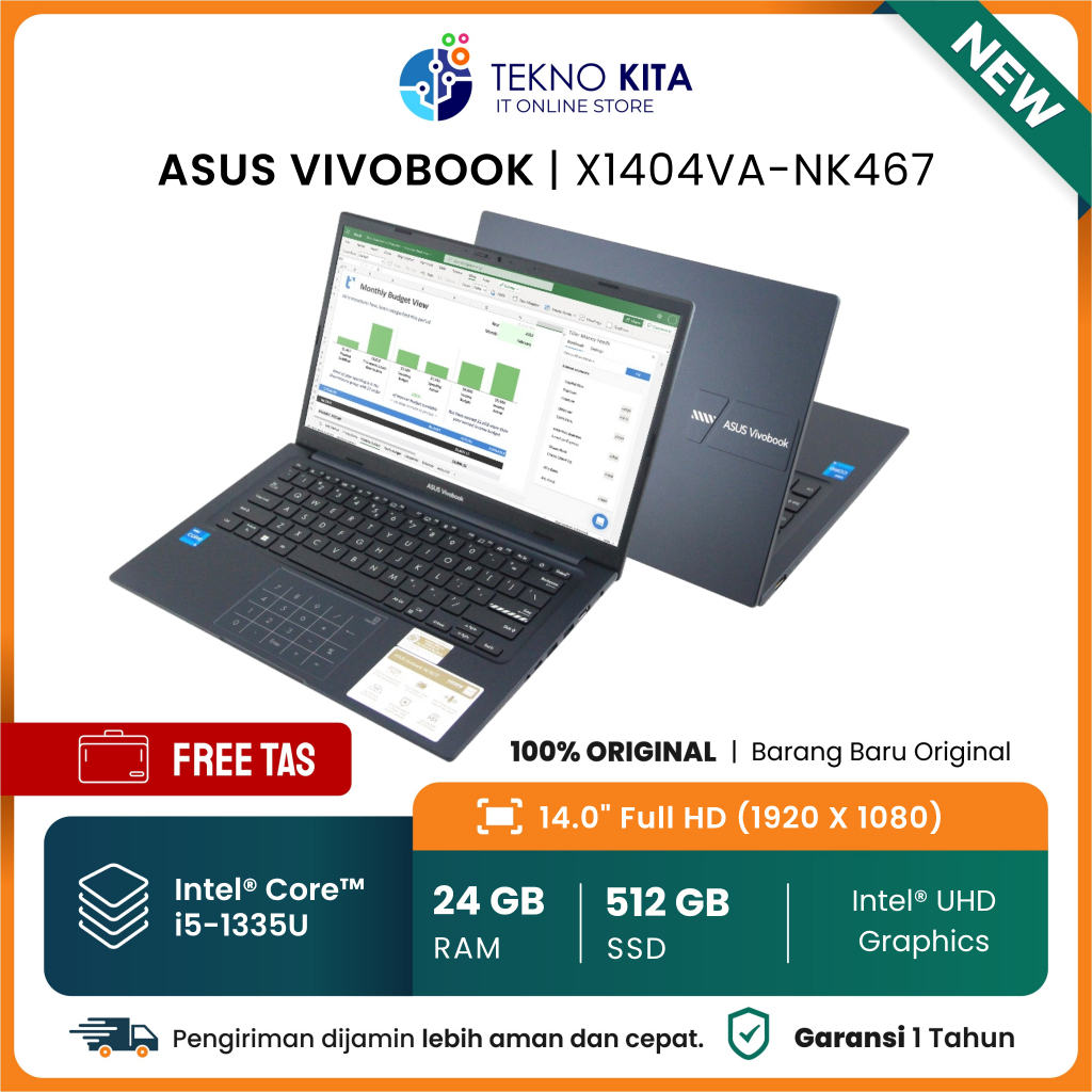 Laptop Kerja Asus Core i5-1335U / 24 GB / 512 GB / 14" Full HD / Free Tas & Install Windows 11 Siap 