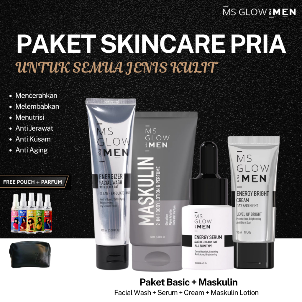MS Glow For Men - Paket Wajah Basic Maskulin - Skincare Pria 1 Set Lengkap dan Lotion Pemutih Kulit 