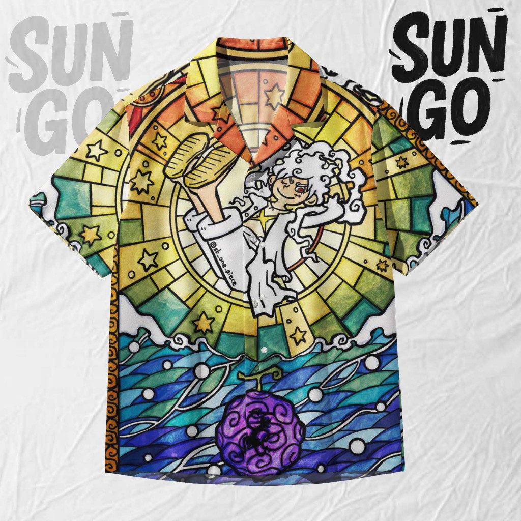 SUN GO Kemeja Anime One Piece – Baju Pria Motif Luffy Gear 5 Sun God Nika | SG184