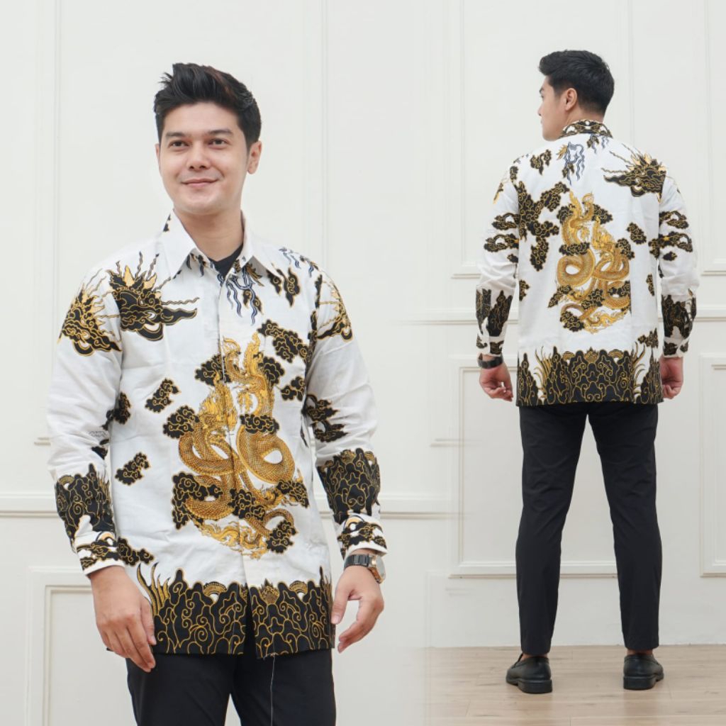 Kemeja Batik Naga Putih Baju Pria Dewasa / Remaja Motif Terbaru Katun Halus Premium