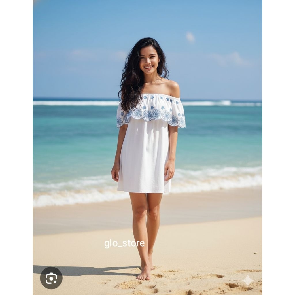 Dress Off Shoulder Putih Motif Biru – Mini Dress Pantai Wanita Boho Summer Look