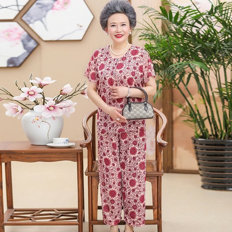 Set Baju Wanita Lansia Musim Panas - Katun, Warna Polos, 2 Piece