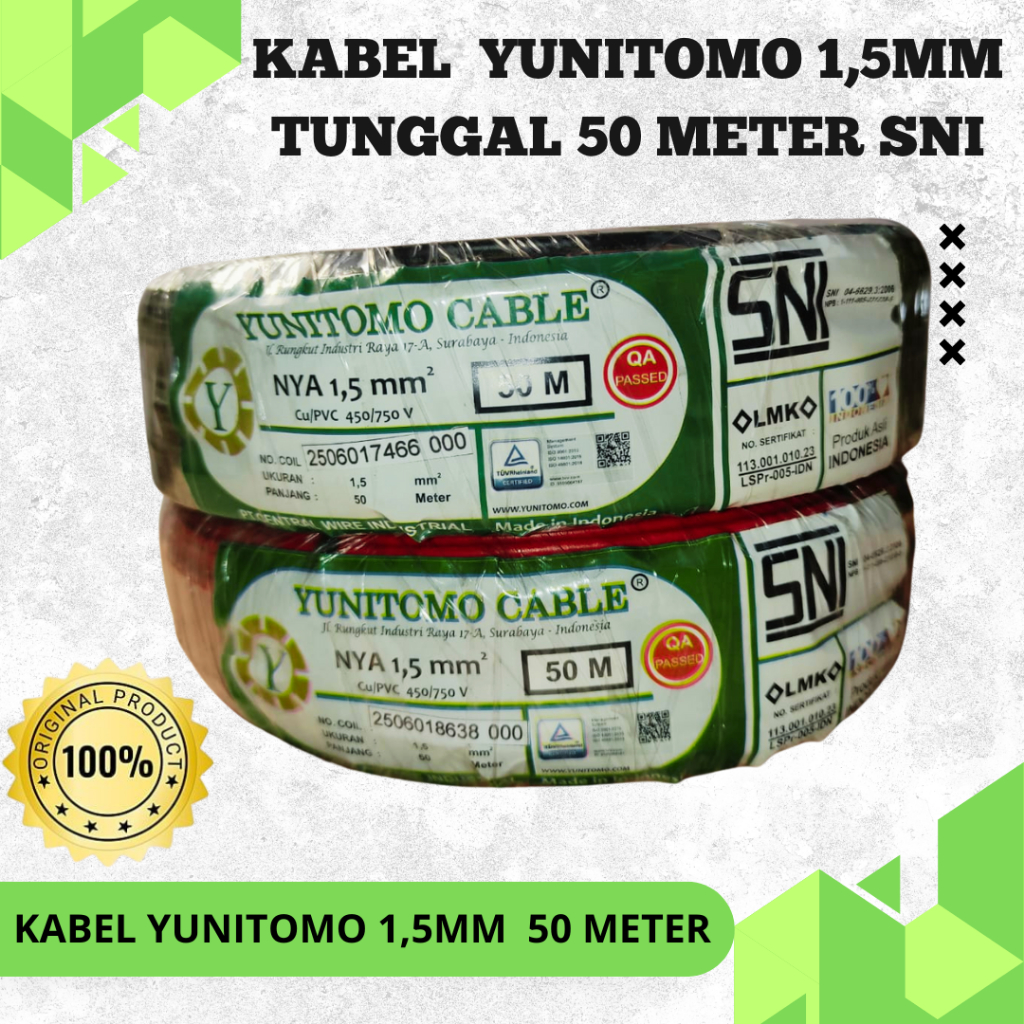 Kabel NYA ENGKEL 1.5 Tunggal STANDART SNI LMK TEMBAGA ASLI 50 M (PULUNG)DIGANTI MERK YUNITOMO