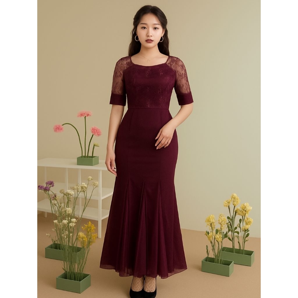 Long Dress Caroline size M L XL Gaun Pesta Brokat Duyung Elegan Baju Natal Cantik Rd