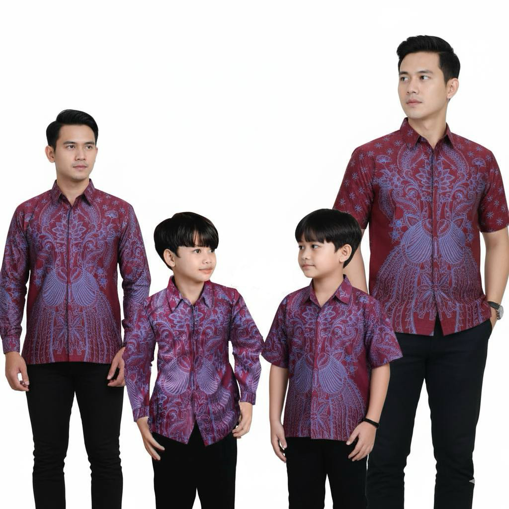 Kemeja Batik Hem Couple Anak Bapak Burgundy Lengan Panjang dan Pendek