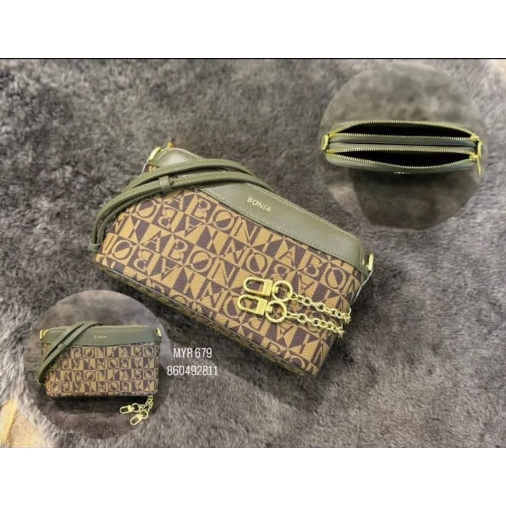 READY STOCK tas bonia original sling bag rantai 2 zipper monogram