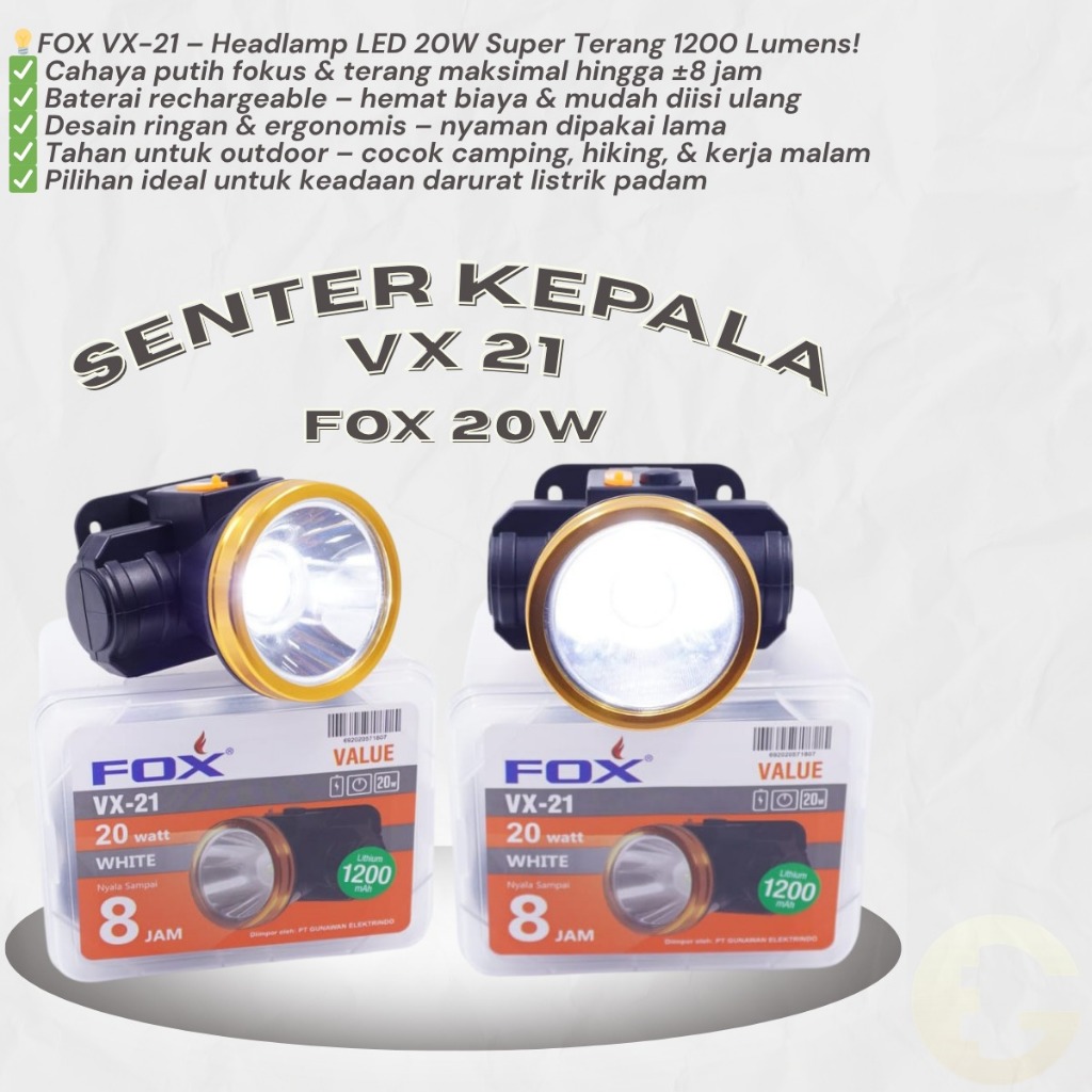 Senter Kepala LED FOX VX-21 – Headlamp Cas Rechargeable 20W Super Terang, untuk Outdoor & Darurat
