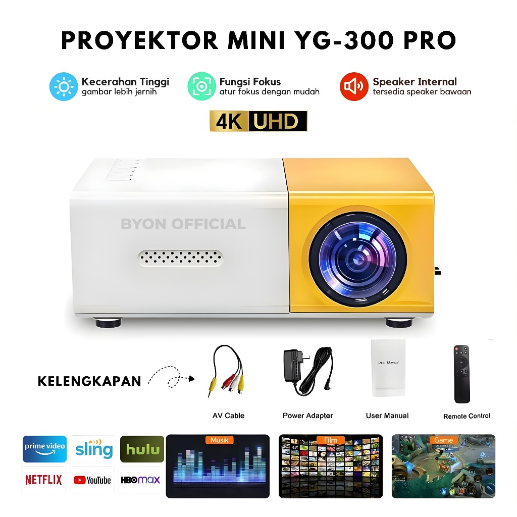 BYON YG300 Proyektor Mini Portable Hp Android 4K Full HDMI Led Mini Proyektor TV Mini Home Theater D