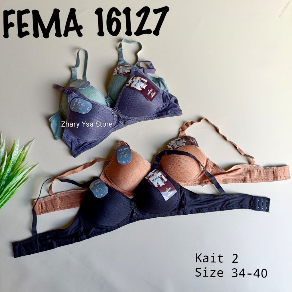 Bh Bra Import Fema 16127 tanpa kawat cup A Size 34-40 kait 2 motif salur super adem lembut melar pak