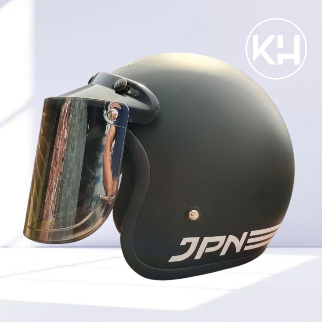 Helm JPN Retro Hitam Doff Hitam Glossy Visor datar Original
