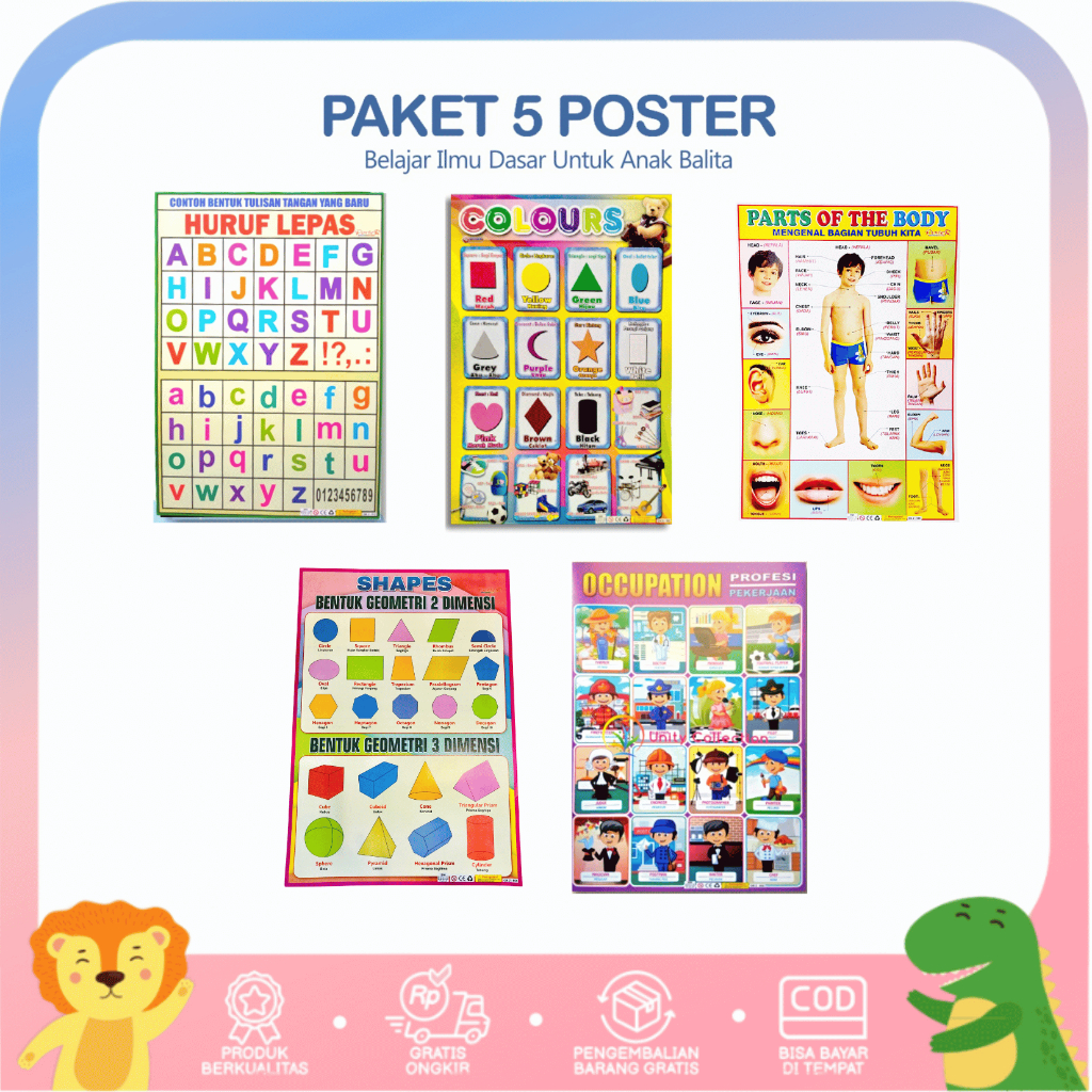 paket 5 Poster Dinding Edukasi Anak Balita Belajar Gambar Dasar Ilmu Geometri Warna Tubuh