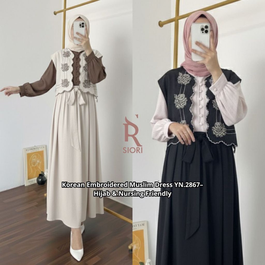 [SIORI FASHION] Modest Korean Style Embroidered Linen Muslim Dress YN.2867| Eid Ramadan Collection 2