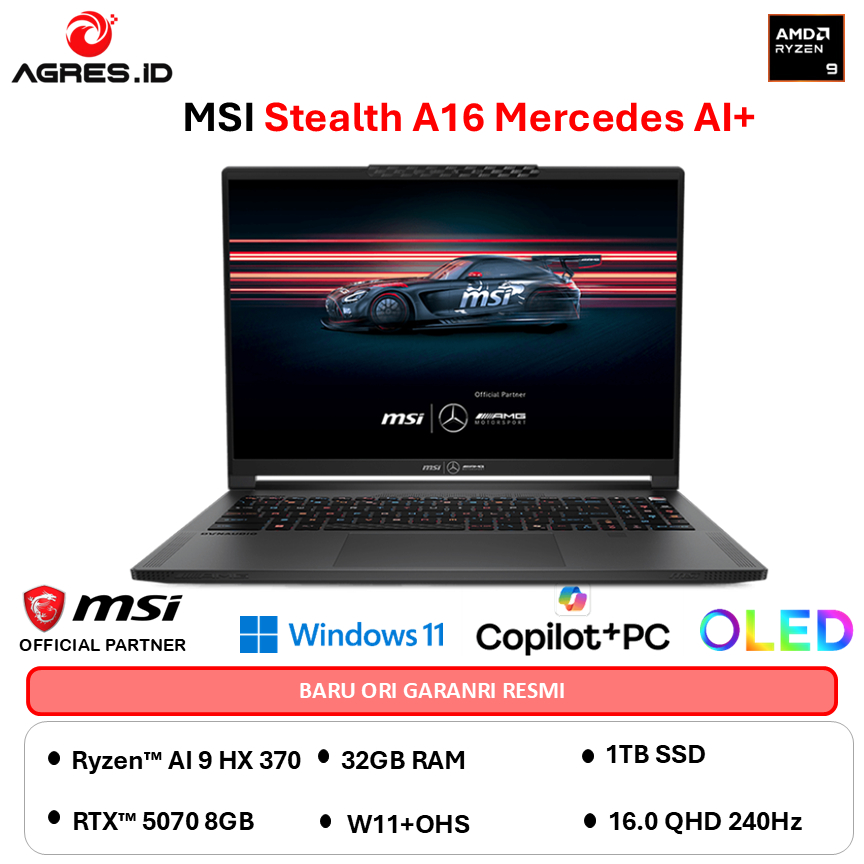MSI Stealth A16 Mercedes AI+ Ryzen AI 9 HX 370 RTX5070 32GB 1TB W11+OHS 16 QHD - A3XWGG-023ID