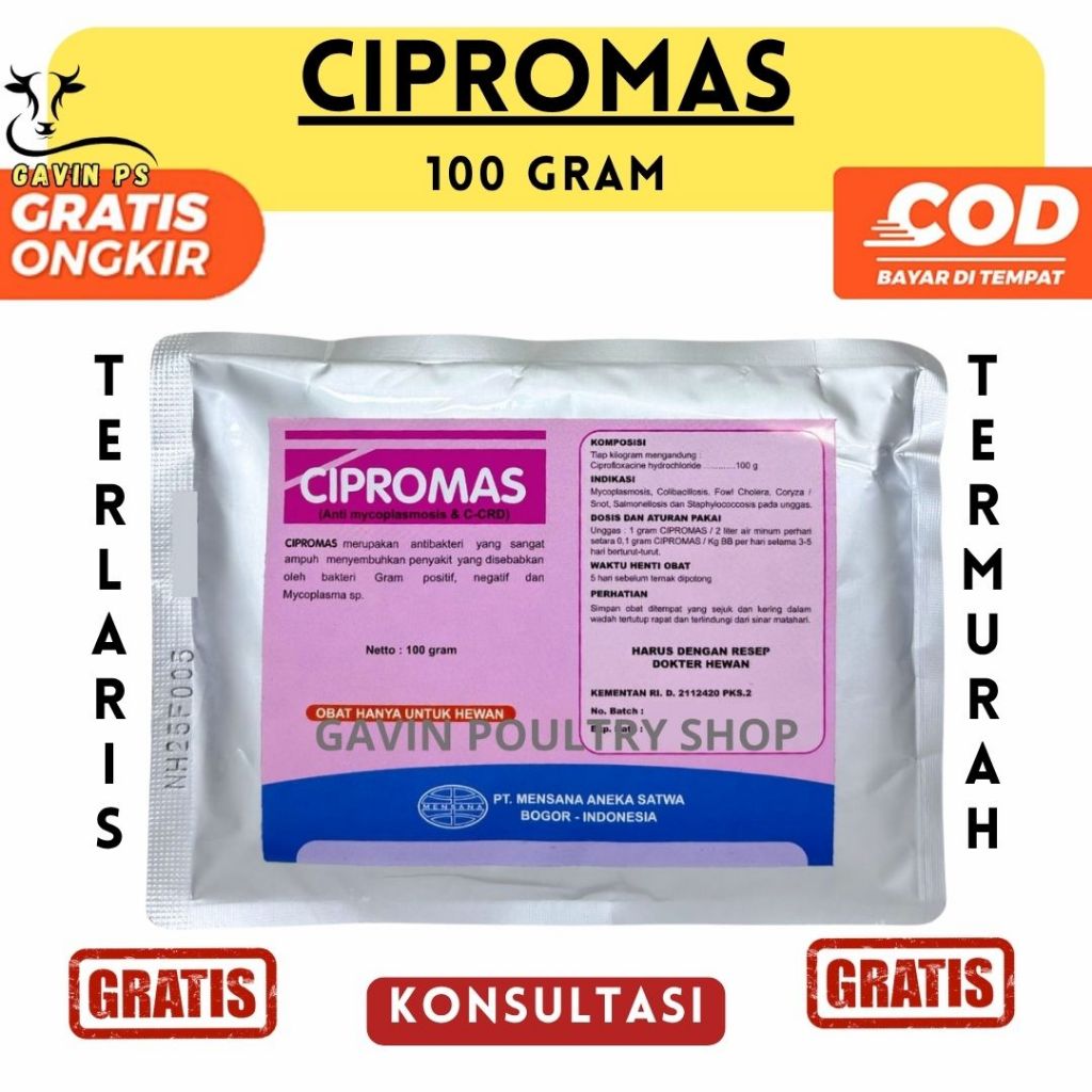 CIPROMAS 100 GRAM - Mensana -  Obat Ayam Ternak Hewan Anti Mycoplasma Crd Snot Salmonela Cholera