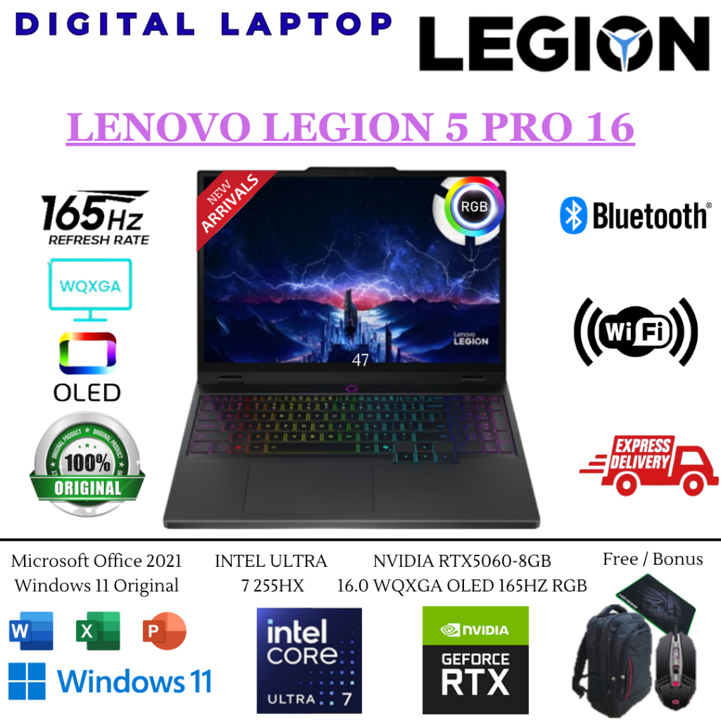 Laptop Gaming OLED LENOVO LEGION 5 PRO 16 RTX5060 Intel ULTRA 7 255HX 64GB DDR5 2TB WQXGA 165HZ RGB