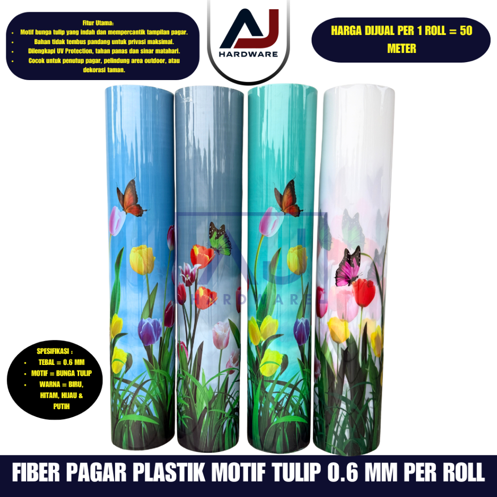 Penutup Pagar Rumah Fiber Motif Bunga Tulip Plastik Penutup Serbaguna Tebal 0.6 MM Lebar/Tinggi 1 Me