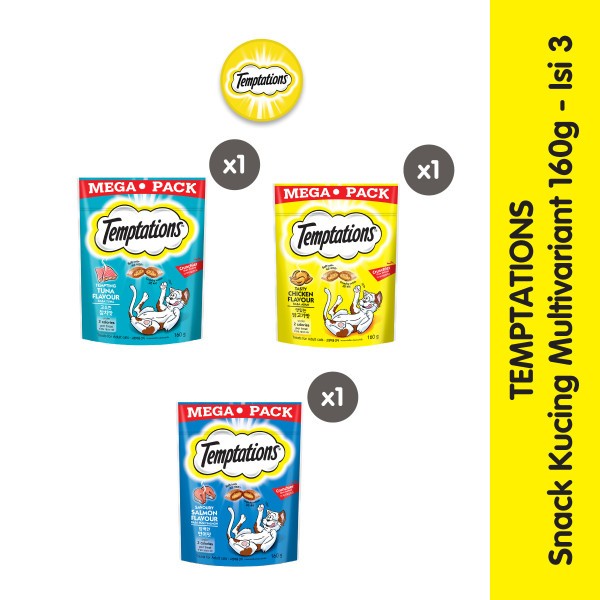 TEMPTATIONS Mega Pack Snack Kucing Kering 160gr Multivariant Semua Rasa Isi 3