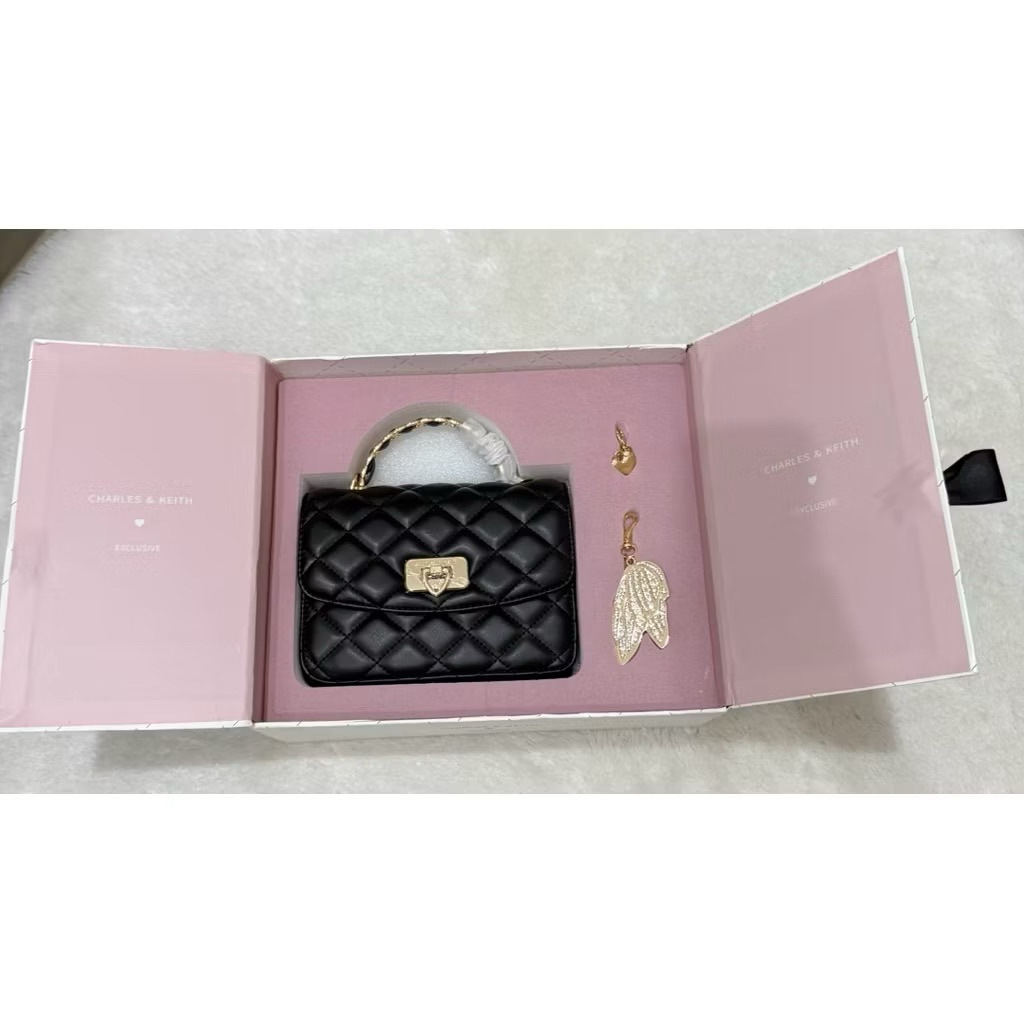 Charles & Keith Exclusive Set Box Cressida Quilted Top Handle Bag With Bag Charms - BLACK Original