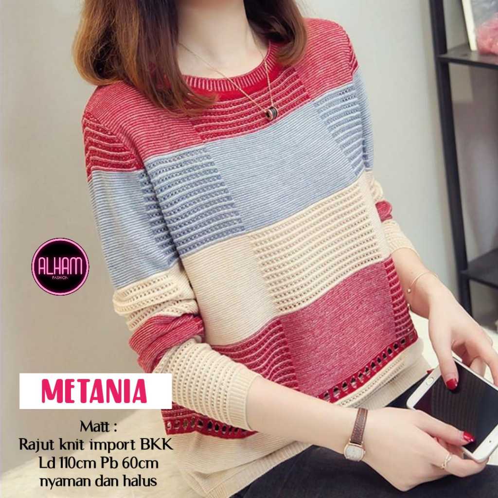 METANIA BAJU ATASAN WANITA LENGAN PANJANG LD 110 MOTIF TERBARU BLOUSE RAJUT IMPORT KEKINIAN