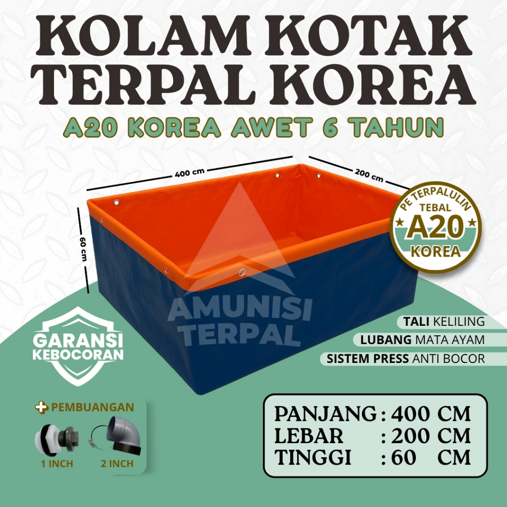 Terpal Kolam Ikan Kotak A20 4x2x0.6 Terpal A20 korea Siap Pakai untuk Budidaya Ikan