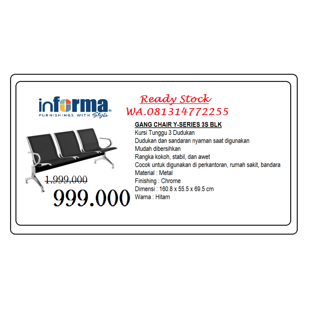INFORMA Kursi Tunggu 3 Seater GANG CHAIR Y-SERIES 3S BLKursi Tunggu 3 Seater - Hitam